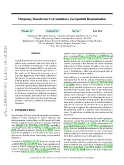 Mitigating Transformer Overconfidence via Lipschitz Regularization