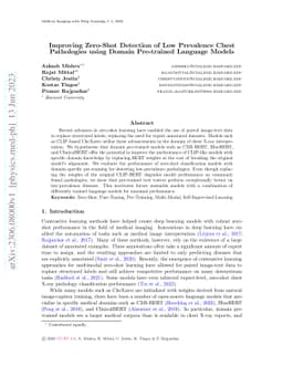 Improving Zero-Shot Detection of Low Prevalence Chest Pathologies using
  Domain Pre-trained Language Models