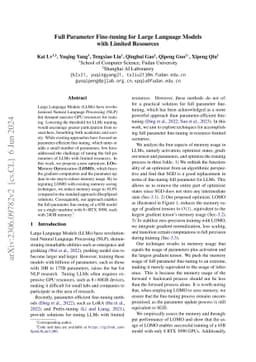 Full Parameter Fine-tuning for Large Language Models with Limited
  Resources