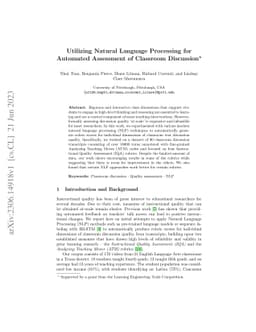 Utilizing Natural Language Processing for Automated Assessment of
  Classroom Discussion