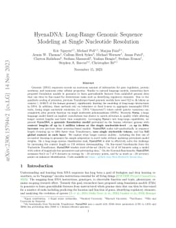 HyenaDNA: Long-Range Genomic Sequence Modeling at Single Nucleotide
  Resolution