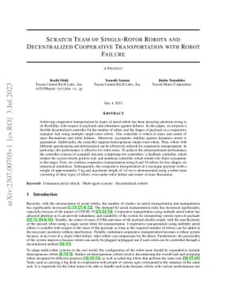 Scratch Team of Single-Rotor Robots and Decentralized Cooperative Transportation with Robot Failure