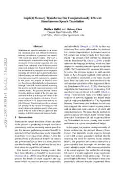 Implicit Memory Transformer for Computationally Efficient Simultaneous
  Speech Translation
