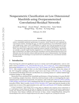 Nonparametric Classification on Low Dimensional Manifolds using
  Overparameterized Convolutional Residual Networks