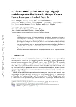 PULSAR at MEDIQA-Sum 2023: Large Language Models Augmented by Synthetic
  Dialogue Convert Patient Dialogues to Medical Records