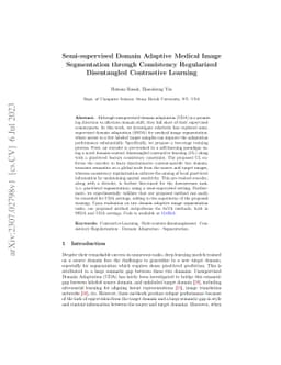 Semi-supervised Domain Adaptive Medical Image Segmentation through
  Consistency Regularized Disentangled Contrastive Learning