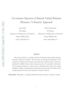 Co-variance Operator of Banach Valued Random Elements: U-Statistic
  Approach