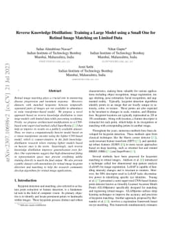 Reverse Knowledge Distillation: Training a Large Model using a Small One
  for Retinal Image Matching on Limited Data