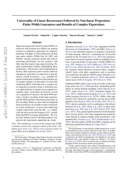 Universality of Linear Recurrences Followed by Non-linear Projections:
  Finite-Width Guarantees and Benefits of Complex Eigenvalues