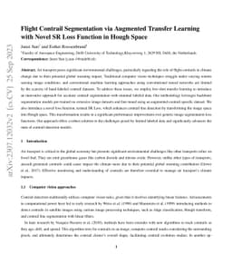 Flight Contrail Segmentation via Augmented Transfer Learning with Novel
  SR Loss Function in Hough Space