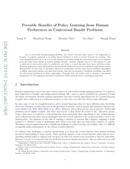 Provable Benefits of Policy Learning from Human Preferences in
  Contextual Bandit Problems