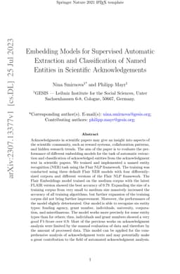 Embedding Models for Supervised Automatic Extraction and Classification
  of Named Entities in Scientific Acknowledgements