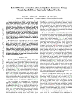 Lateral-Direction Localization Attack in High-Level Autonomous Driving:
  Domain-Specific Defense Opportunity via Lane Detection