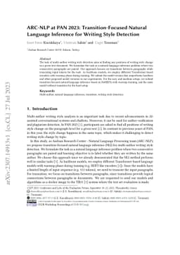 ARC-NLP at PAN 2023: Transition-Focused Natural Language Inference for
  Writing Style Detection