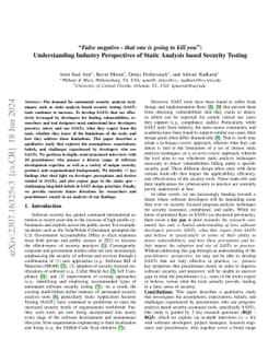 "False negative -- that one is going to kill you": Understanding
  Industry Perspectives of Static Analysis based Security Testing