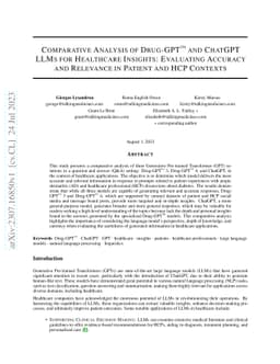 Comparative Analysis of Drug-GPT and ChatGPT LLMs for Healthcare
  Insights: Evaluating Accuracy and Relevance in Patient and HCP Contexts