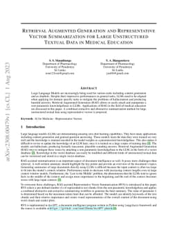 Retrieval Augmented Generation and Representative Vector Summarization
  for large unstructured textual data in Medical Education
