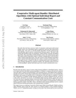 Cooperative Multi-agent Bandits: Distributed Algorithms with Optimal
  Individual Regret and Constant Communication Costs
