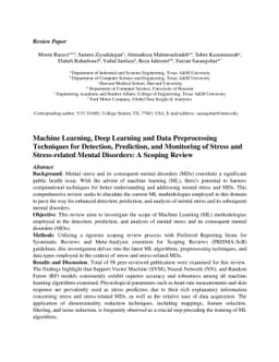 Machine Learning, Deep Learning and Data Preprocessing Techniques for
  Detection, Prediction, and Monitoring of Stress and Stress-related Mental
  Disorders: A Scoping Review