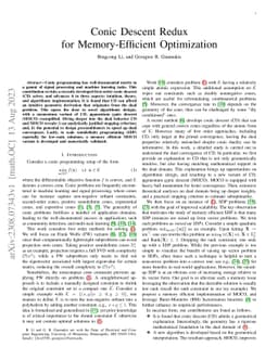 Conic Descent Redux for Memory-Efficient Optimization