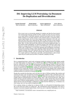 D4: Improving LLM Pretraining via Document De-Duplication and
  Diversification