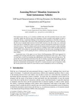 Assessing Drivers' Situation Awareness in Semi-Autonomous Vehicles: ASP
  based Characterisations of Driving Dynamics for Modelling Scene
  Interpretation and Projection