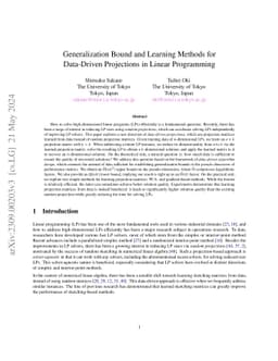 Generalization Bound and Learning Methods for Data-Driven Projections in
  Linear Programming