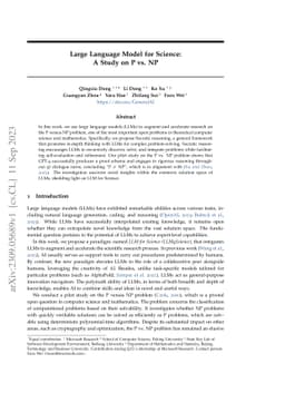Large Language Model for Science: A Study on P vs. NP