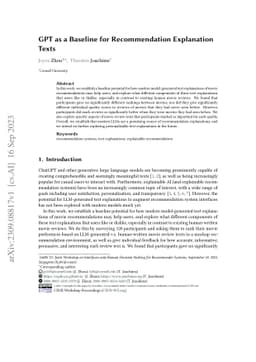 GPT as a Baseline for Recommendation Explanation Texts