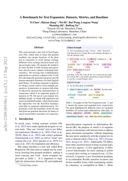 A Benchmark for Text Expansion: Datasets, Metrics, and Baselines