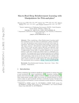 Sim-to-Real Deep Reinforcement Learning with Manipulators for
  Pick-and-place