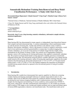 Semantically Redundant Training Data Removal and Deep Model
  Classification Performance: A Study with Chest X-rays