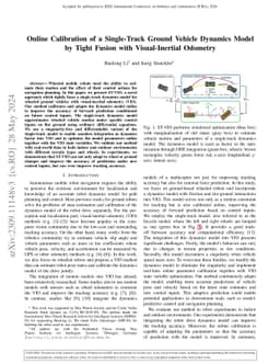 Online Calibration of a Single-Track Ground Vehicle Dynamics Model by
  Tight Fusion with Visual-Inertial Odometry