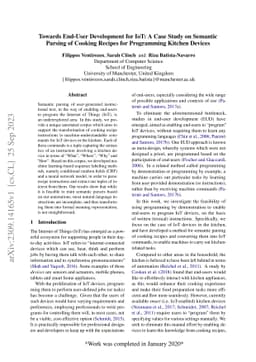 Towards End-User Development for IoT: A Case Study on Semantic Parsing
  of Cooking Recipes for Programming Kitchen Devices