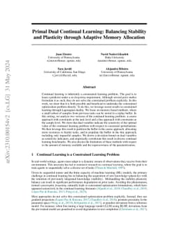 Primal Dual Continual Learning: Balancing Stability and Plasticity
  through Adaptive Memory Allocation