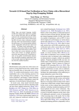 Towards LLM-based Fact Verification on News Claims with a Hierarchical
  Step-by-Step Prompting Method