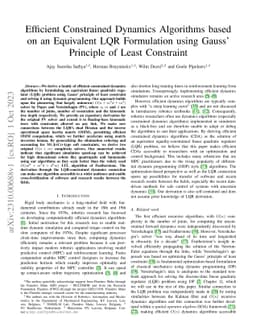 Efficient Constrained Dynamics Algorithms based on an Equivalent LQR
  Formulation using Gauss' Principle of Least Constraint