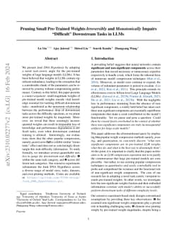 Pruning Small Pre-Trained Weights Irreversibly and Monotonically Impairs
  "Difficult" Downstream Tasks in LLMs