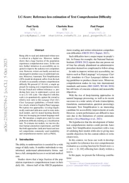 LC-Score: Reference-less estimation of Text Comprehension Difficulty