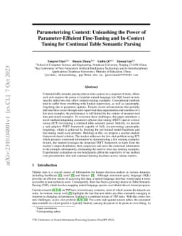 Parameterizing Context: Unleashing the Power of Parameter-Efficient
  Fine-Tuning and In-Context Tuning for Continual Table Semantic Parsing