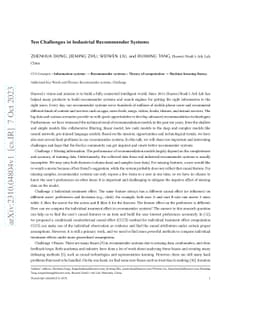 Ten Challenges in Industrial Recommender Systems