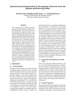 Question-focused Summarization by Decomposing Articles into Facts and
  Opinions and Retrieving Entities