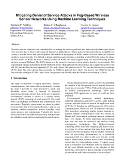 Mitigating Denial of Service Attacks in Fog-Based Wireless Sensor
  Networks Using Machine Learning Techniques