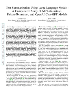 Text Summarization Using Large Language Models: A Comparative Study of
  MPT-7b-instruct, Falcon-7b-instruct, and OpenAI Chat-GPT Models