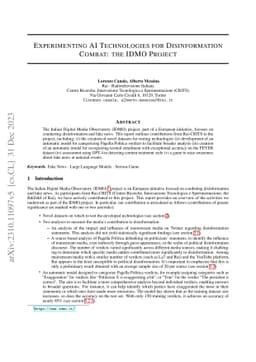 Experimenting AI Technologies for Disinformation Combat: the IDMO
  Project