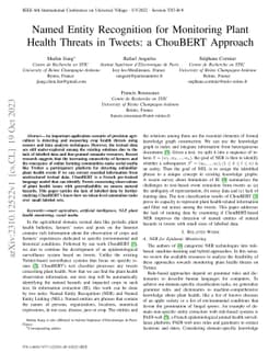 Named Entity Recognition for Monitoring Plant Health Threats in Tweets:
  a ChouBERT Approach
