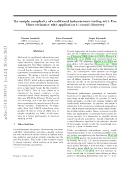 On sample complexity of conditional independence testing with Von Mises
  estimator with application to causal discovery