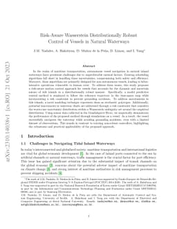 Risk-Aware Wasserstein Distributionally Robust Control of Vessels in
  Natural Waterways