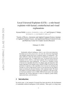 Local Universal Explainer (LUX) -- a rule-based explainer with factual,
  counterfactual and visual explanations