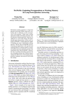 PreWoMe: Exploiting Presuppositions as Working Memory for Long Form
  Question Answering